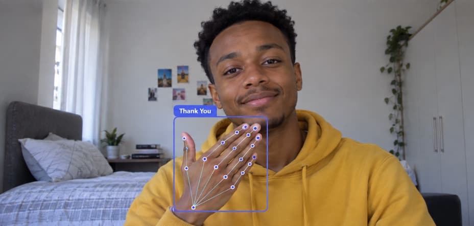 The Sign Language App tracking a student's hand sign and reading it as “Thank You”